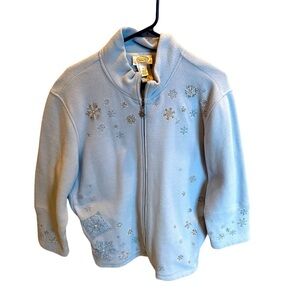 Talbots Fleece Zip Jacket Blue Snowflakes Christmas Winter Beaded Size Large
